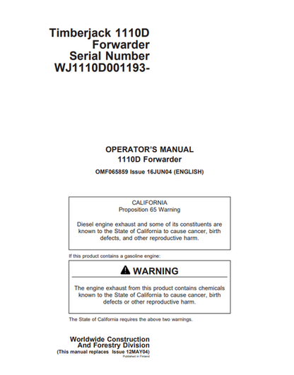 John Deere 1110D Forwarder Operator Manual OMF065859