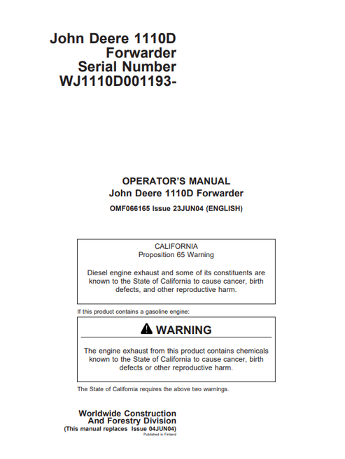 John Deere 1110D Forwarder Operator Manual OMF066165