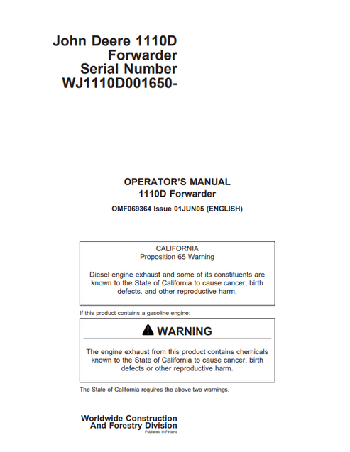 John Deere 1110D Forwarder Operator Manual OMF069364 PDF