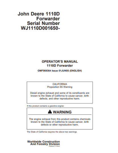 John Deere 1110D Forwarder Operator Manual OMF069364 PDF
