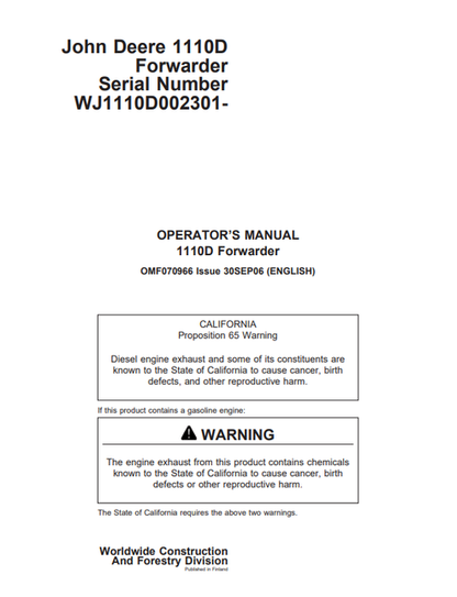 John Deere 1110D Forwarder Operator Manual OMF070966