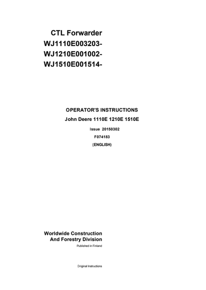 John Deere 1110E 1210E 1510E Operator Manual F074183 PDF