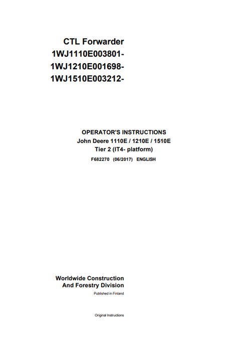 John Deere 1110E 1210E 1510E Operator Manual F682270 PDF