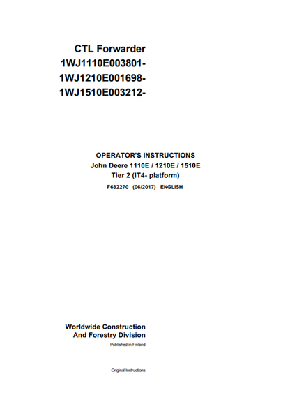 John Deere 1110E 1210E 1510E Operator Manual F682270 PDF
