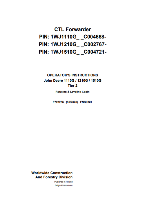 John Deere 1110G 1210G 1510G CTL Forwarder Manual F723236