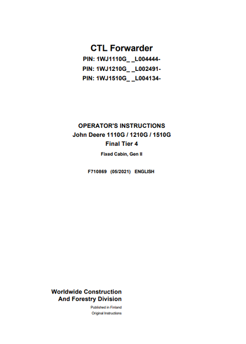 John Deere 1110G 1210G 1510G Final Tier 4 Cabin II Manual F710869