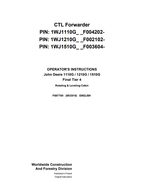 John Deere 1110G 1210G 1510G Final Tier 4 Cabin Manual F697700
