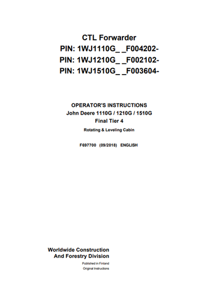 John Deere 1110G 1210G 1510G Final Tier 4 Cabin Manual F697700