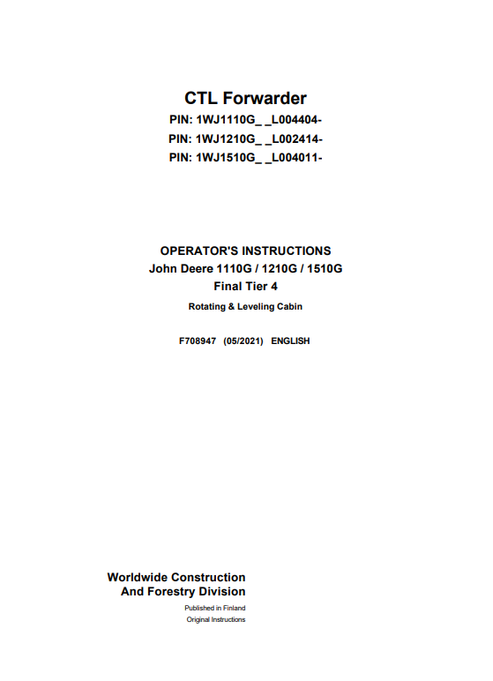 John Deere 1110G 1210G 1510G Final Tier 4 Cabin Manual F708947