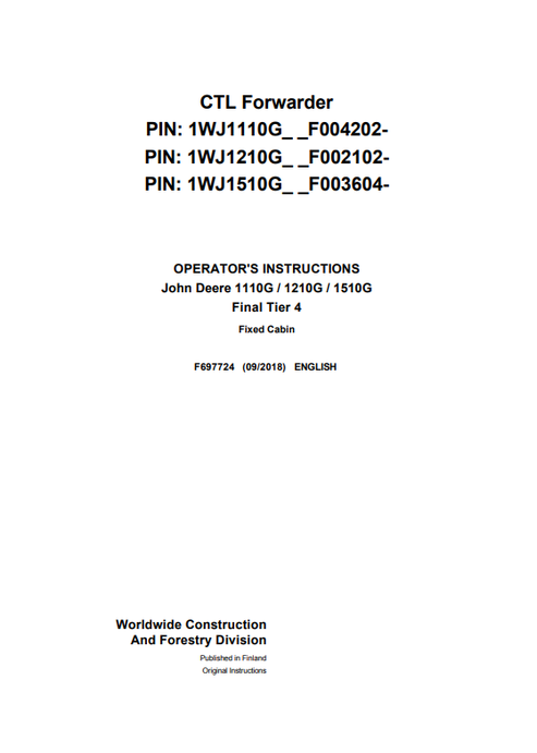 John Deere 1110G 1210G 1510G Final Tier 4 Fixed Cabin Manual F697724