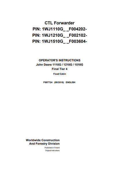John Deere 1110G 1210G 1510G Final Tier 4 Fixed Cabin Manual F697724