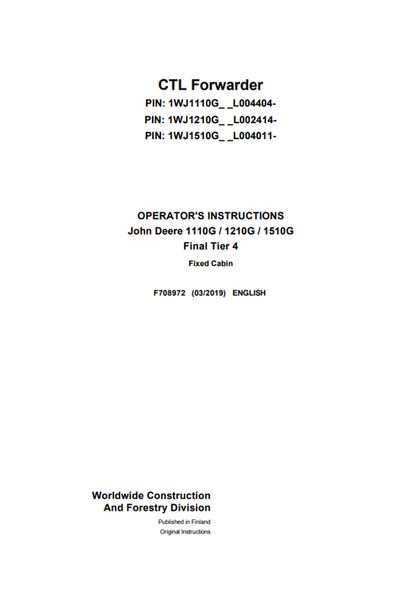 John Deere 1110G 1210G 1510G Final Tier 4 Fixed Cabin Manual F708972