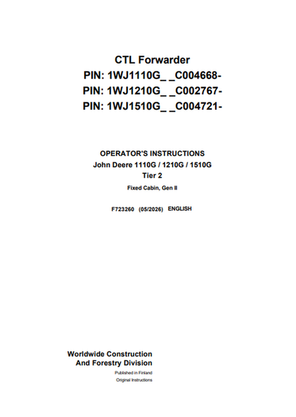 John Deere 1110G 1210G 1510G Gen II CTL Forwarder Manual F723260