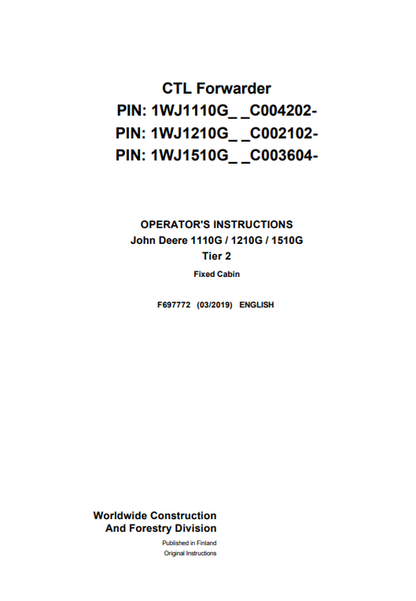 John Deere 1110G 1210G 1510G Tier 2 Fixed Cabin Manual F697772