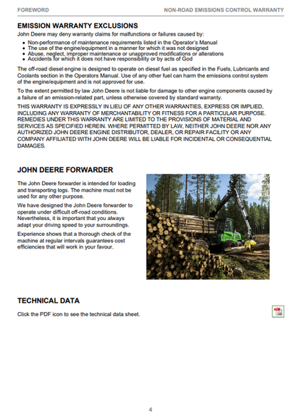 John Deere 1110G 1210G 1510G Tier 2 Forwarder Operator Manual PDF