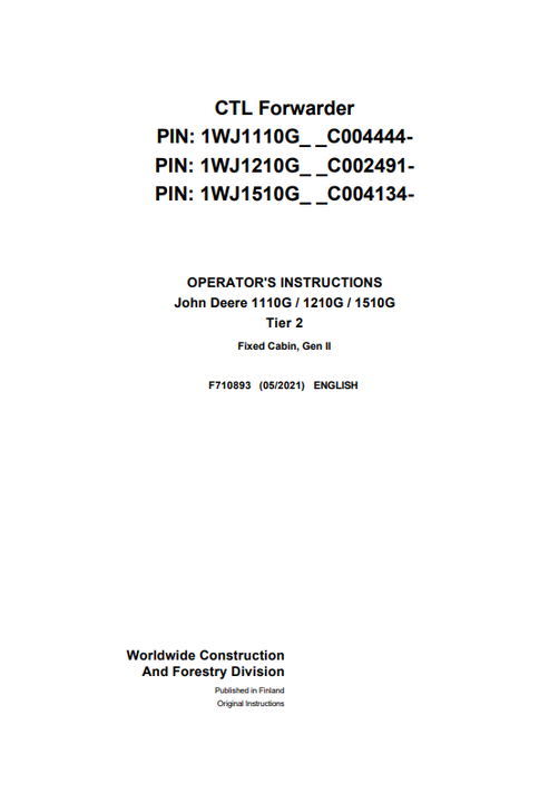 John Deere 1110G 1210G 1510G Tier 2 Gen II Operator Manual F710893