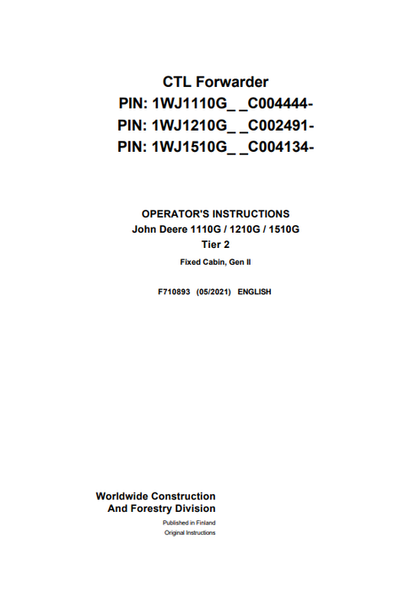 John Deere 1110G 1210G 1510G Tier 2 Gen II Operator Manual F710893
