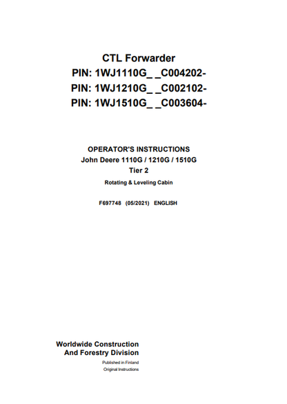John Deere 1110G 1210G 1510G Tier 2 Rotating Leveling Cabin Manual F697748