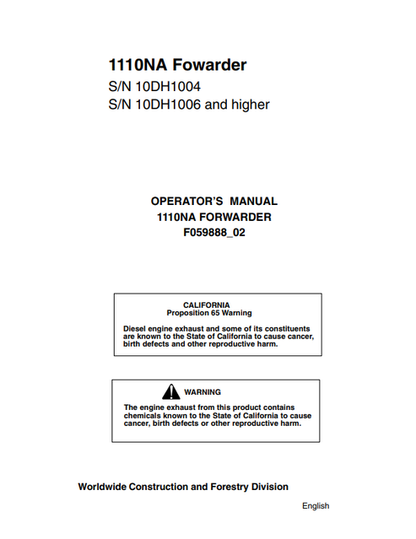 John Deere 1110NA Forwarder Operator Manual F059888