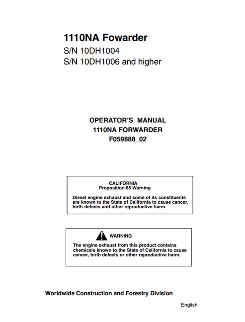 John Deere 1110NA Forwarder Operator Manual F059888 PDF