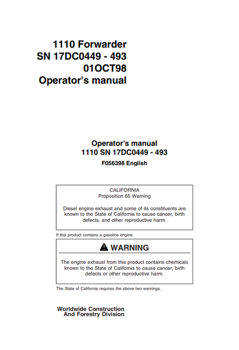 John Deere 1110 Forwarder Operator Manual F056398 PDF