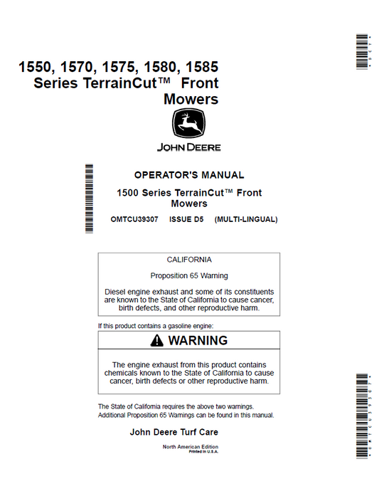 John Deere 11550, 1570, 1575, 1580, 1585 Series TerrainCut™ Front Mowers Operator Manual OMTCU39307 PDF