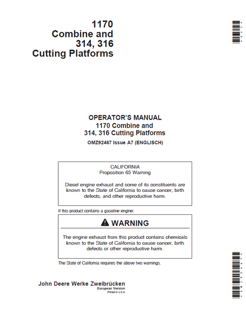 John Deere 1170 Combine & 314 316 Cutting Platform Operator Manual