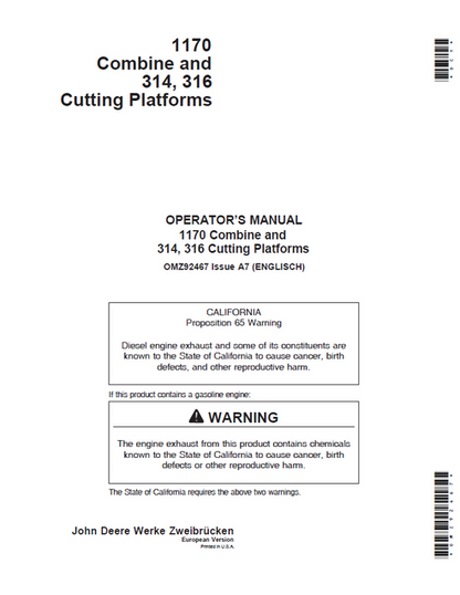 John Deere 1170 Combine & 314 316 Cutting Platform Operator Manual