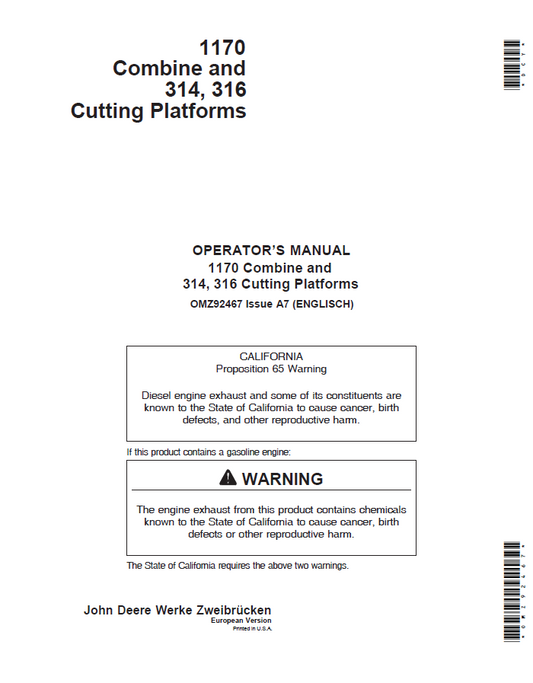 John Deere 1170 Combine and 314, 316 Cutting Platforms Operator Manual OMZ92467 PDF