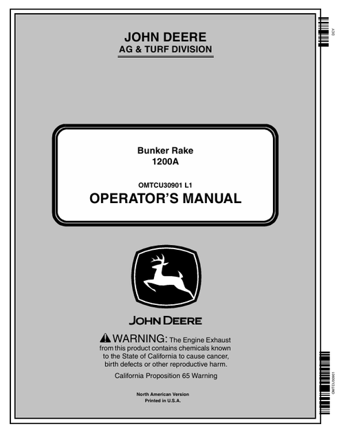 John Deere 1200A Bunker Rake Operator Manual OMTCU30901