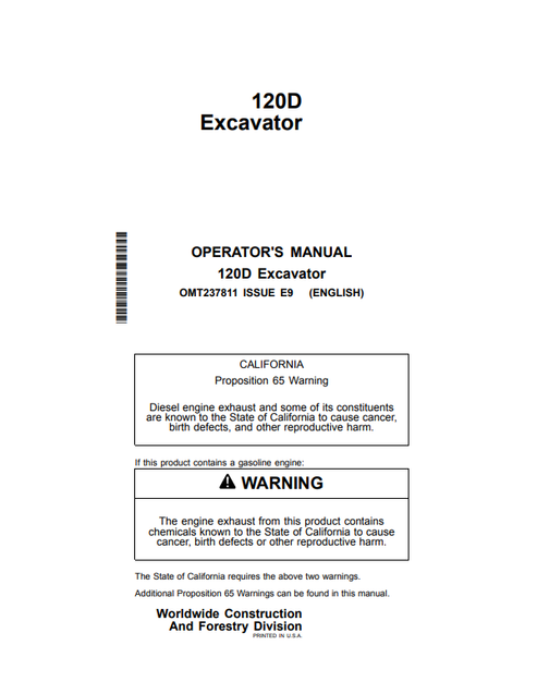 John Deere 120D Excavator Operator Manual OMT237811 PDF