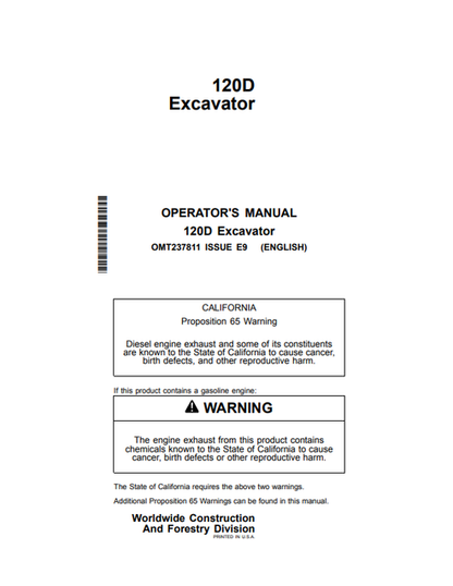 John Deere 120D Excavator Operator Manual OMT237811 PDF