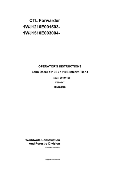 John Deere 1210E / 1510E Interim Tier 4 Operator Manual F680547
