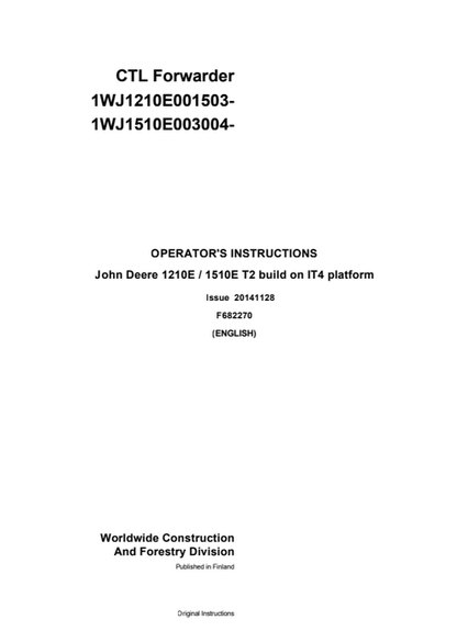 John Deere 1210E / 1510E T2 IT4 Platform Operator Manual F682270