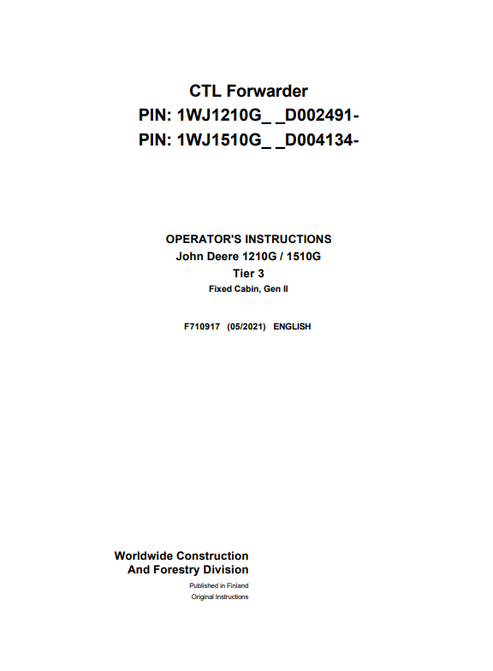John Deere 1210G 1510G Tier 3 Gen II Operator Manual F710917