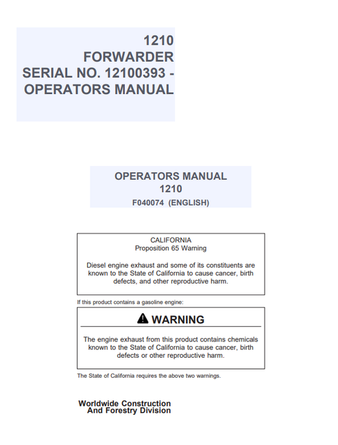 John Deere 1210 Forwarder Operator Manual F040074 PDF