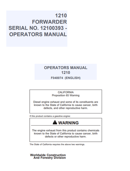 John Deere 1210 Forwarder Operator Manual F040074 PDF
