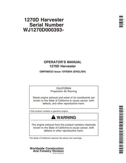 John Deere 1270D Harvester Operating Manual OMF066533