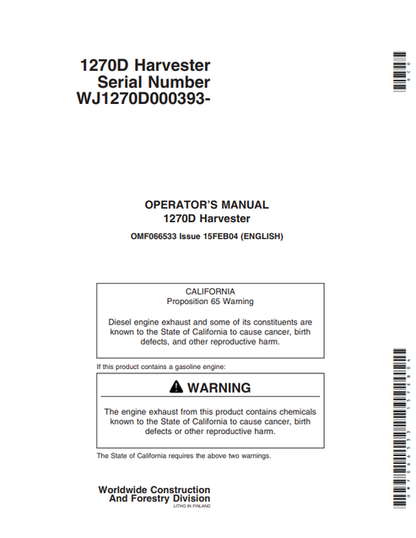 John Deere 1270D Harvester Operating Manual OMF066533