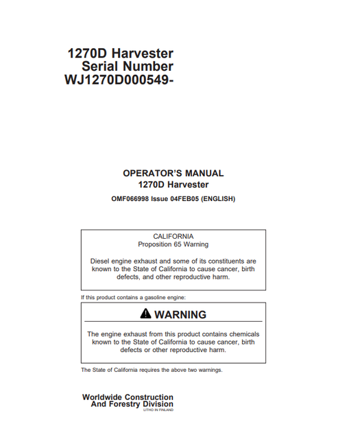 John Deere 1270D Harvester Operator Manual OMF066998