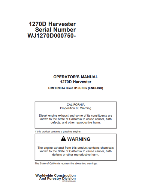 John Deere 1270D Harvester Operator Manual OMF069314