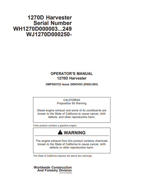 John Deere 1270D Harvester Operator Manual PDF OMF063723