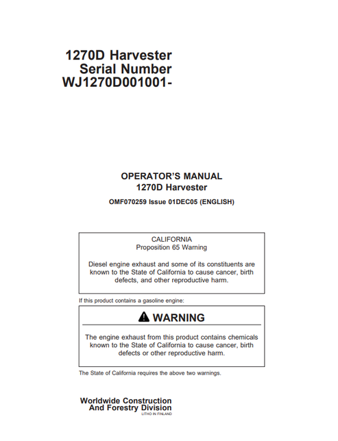 John Deere 1270D Harvester Operator Manual PDF OMF070259