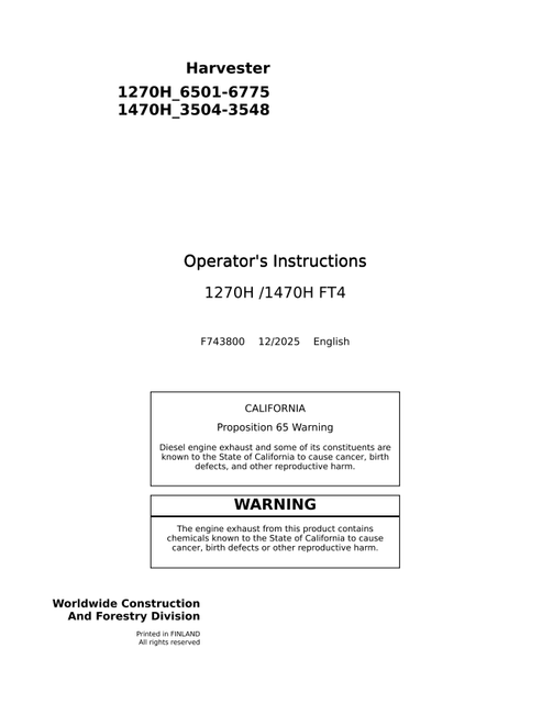 John Deere 1270H 1470H FT4 ATS Gen 2.0 Harvester Manual PDF