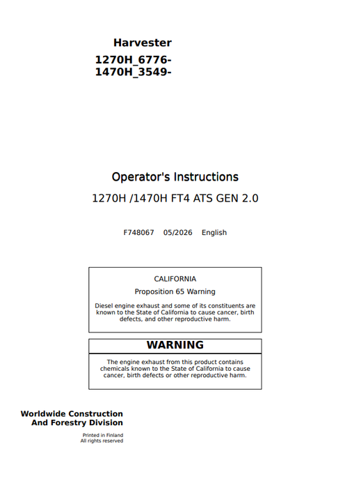 John Deere 1270H 1470H FT4 ATS Gen 2.0 Harvester Manual PDF