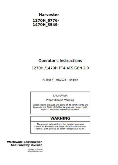 John Deere 1270H 1470H FT4 ATS Gen 2.0 Harvester Manual PDF