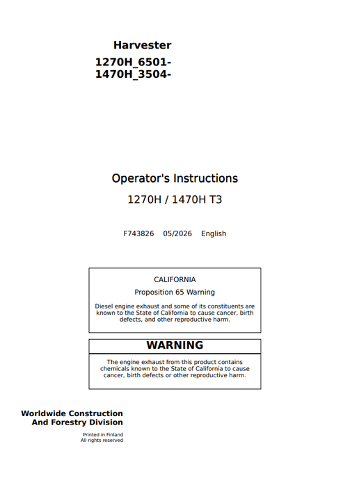 John Deere 1270H 1470H T3 Harvester Operator Manual PDF