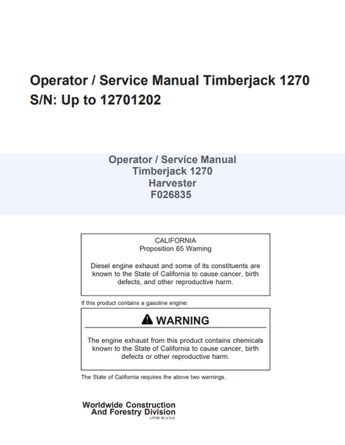 John Deere 1270 Timberjack Operator Service Manual F026835