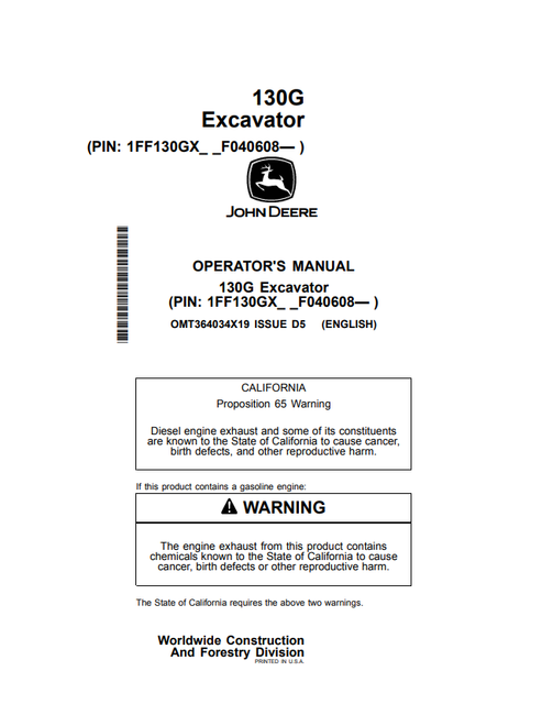 John Deere 130G Excavator Operator Manual OMT364034X19
