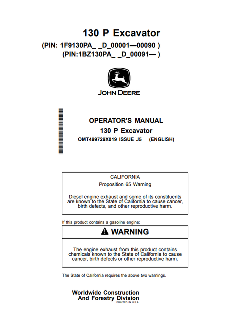 John Deere 130 P Excavator Operator & Maintenance Manual OMT499729X019